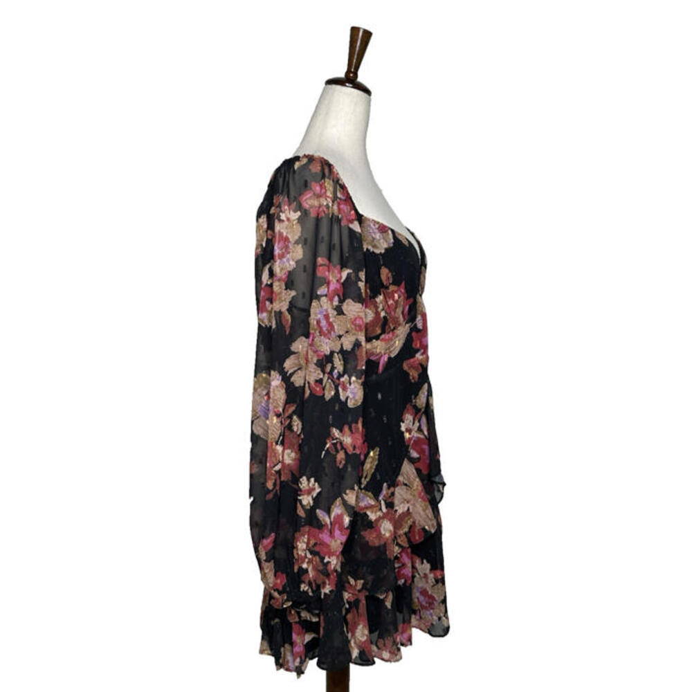 Romantic Floral Chiffon Tiered Lurex Mini Dress V Neck Balloon Sleeve - Picture 3 of 8